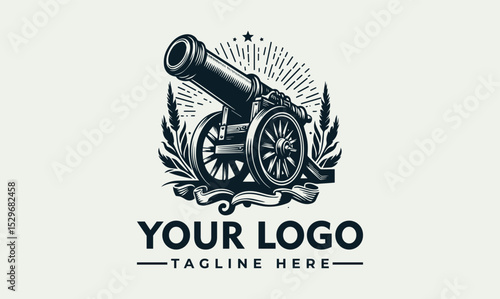 Detailed vintage cannon illustration firing with smoke and decorative stars. Historical weaponry concept