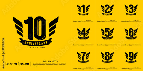 Set of 1st-10th years anniversary celebration emblem. congratulations anniversary logo isolated with ribbon and wing on yellow background. vector illustration template design for web