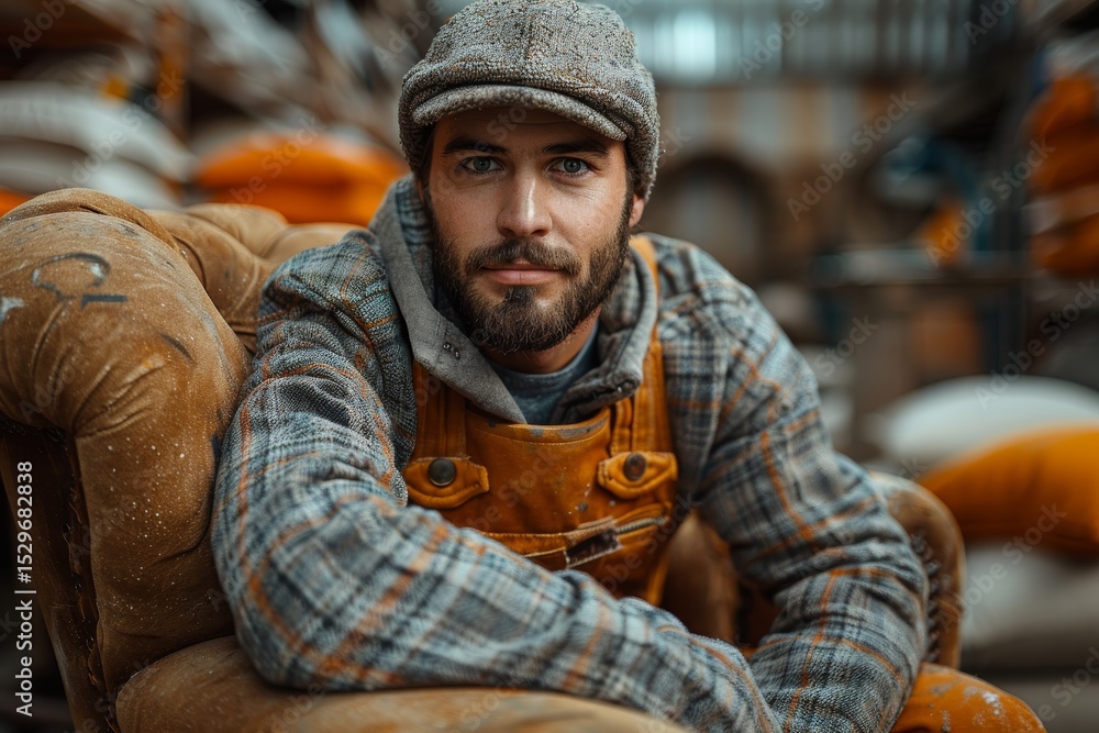 Fototapeta premium A stylish young man sits comfortably on a vintage chair, showcasing a cozy outfit that exudes a sense of relaxation and confidence in a warm, inviting setting.