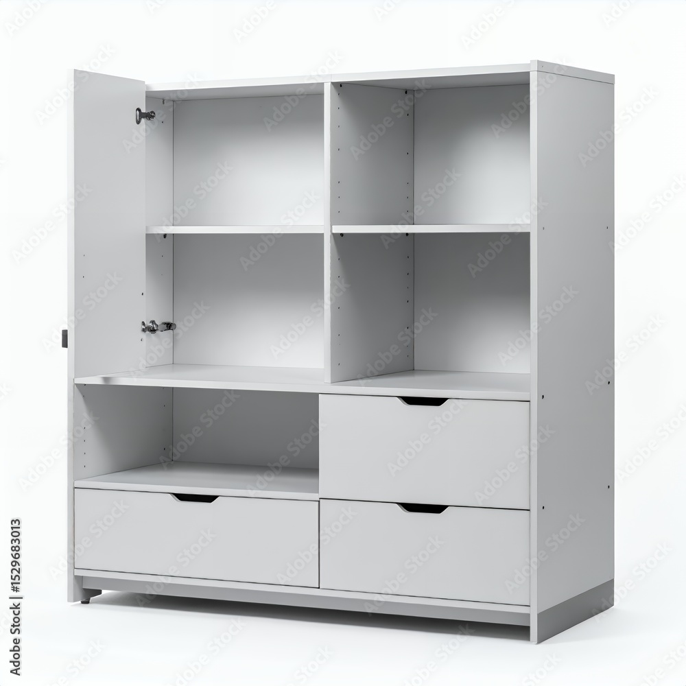 Functional white storage cabinet with adjustable shelves and drawers for organization on white background Functional white storage cabinet with adjustable shelves and drawers for organization on white background