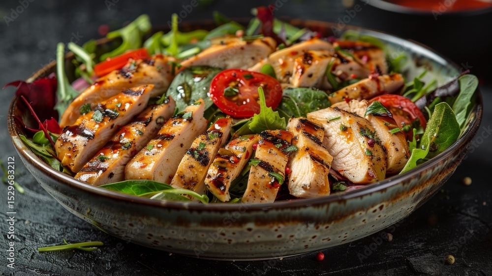 A delicious and visually appealing grilled chicken salad, showcasing fresh vegetables beautifully arranged, promoting healthy eating and culinary creativity. A delicious and visually appealing grilled chicken salad, showcasing fresh vegetables beautifully arranged, promoting healthy eating and culinary creativity.