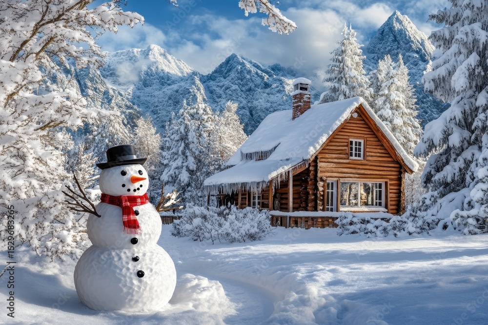 Obraz premium Snowman Building in Winter Forest with Wooden House and Snowy Landscape