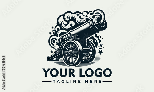Detailed vintage cannon illustration firing with smoke and decorative stars. Historical weaponry concept