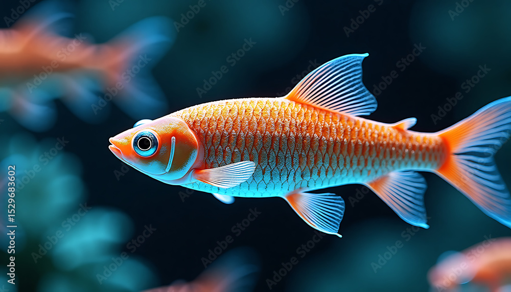 Naklejka premium Vibrant orange goldfish swimming gracefully in an aquarium with soft blue lighting