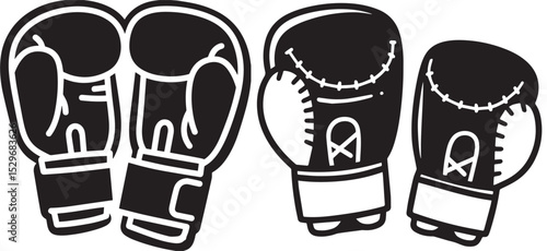 Two pairs of black and white boxing gloves are displayed in a simple vector graphic style, appropriate for icons or design elements. 