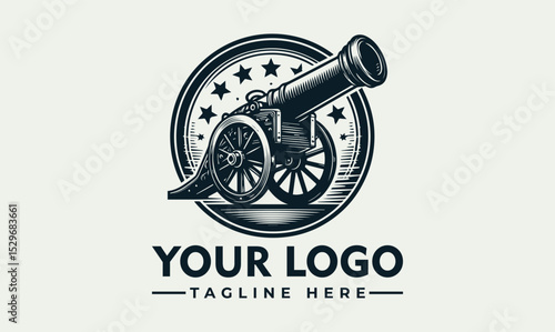 Detailed vintage cannon illustration firing with smoke and decorative stars. Historical weaponry concept
