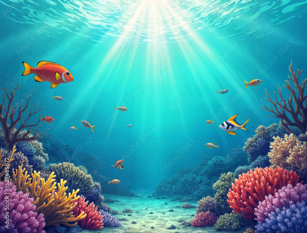 Naklejka premium Underwater scene, coral reefs, tropical fish, and sun rays piercing the water