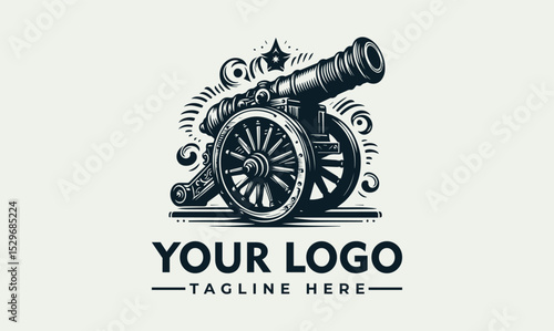 Detailed vintage cannon illustration firing with smoke and decorative stars. Historical weaponry concept