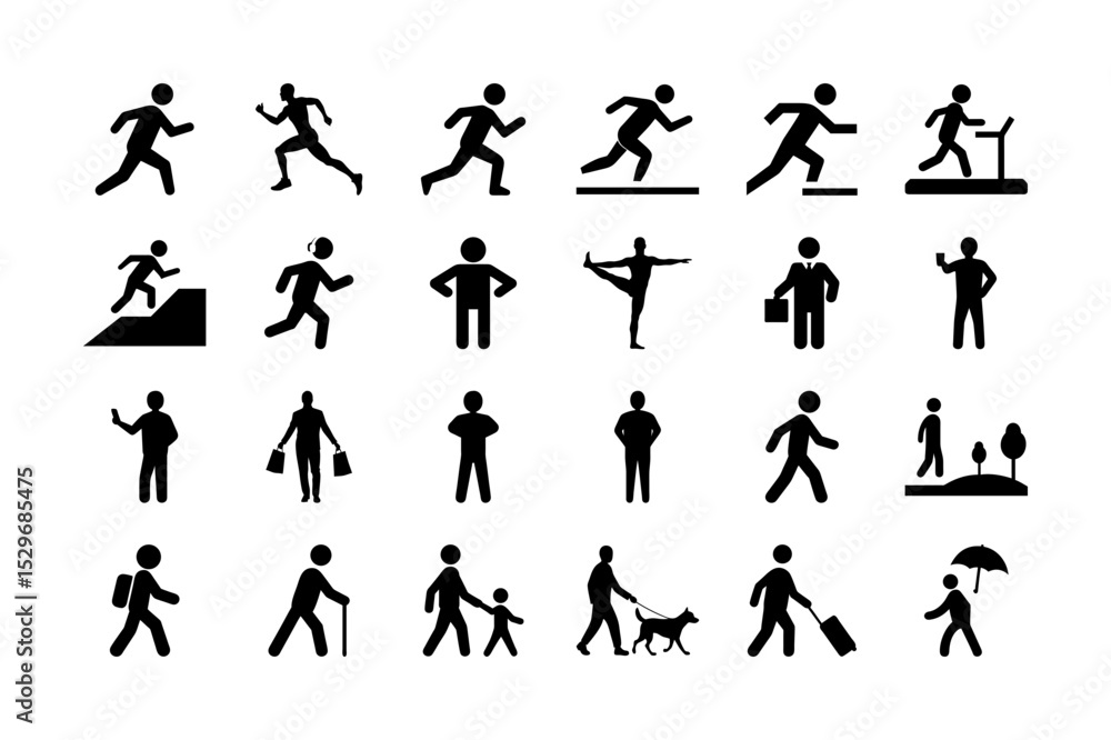 Naklejka premium Man Walking, Running, and Standing Icon Set. Fitness, Exercise, Active Lifestyle, Jogging, Physical Activity, Movement, Health, Walking Dog, Travel, and Sports Icons and more. Vector Illustration