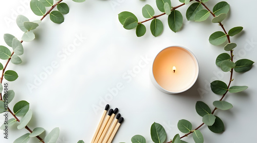 Candle with eucalyptus leaves and matches arranged on a white background