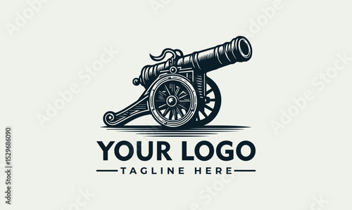 Detailed vintage cannon illustration firing with smoke and decorative stars. Historical weaponry concept