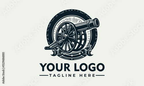 Detailed vintage cannon illustration firing with smoke and decorative stars. Historical weaponry concept