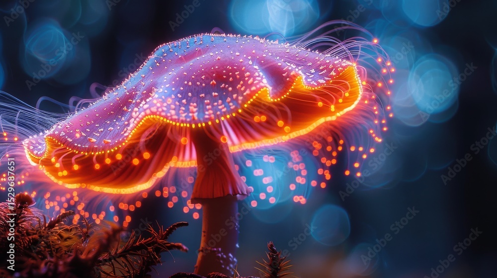 Obraz premium A mesmerizing close-up of a glowing mushroom with vibrant colors in a dreamy forest setting, capturing the enchanting beauty of nature and the wonder of fungi in a magical realm.