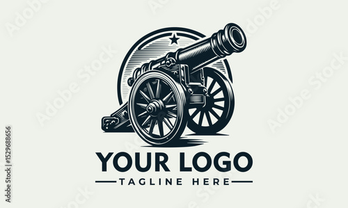 Detailed vintage cannon illustration firing with smoke and decorative stars. Historical weaponry concept