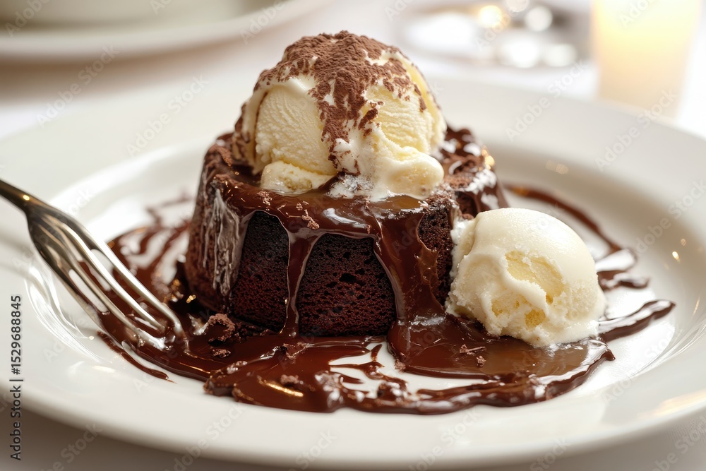 Decadent Chocolate Lava Cake with Vanilla Ice Cream and Sauce Decadent Chocolate Lava Cake with Vanilla Ice Cream and Sauce