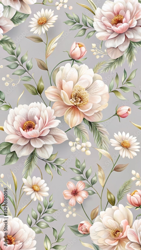Fototapeta premium Delicate floral motifs blend harmoniously with a soft light grey background