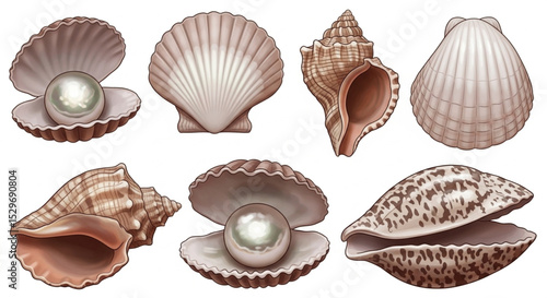  Isolated natural open pearl sea shells set vector illustration