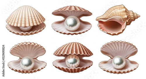 Cartoon Natural Open Pearl Sea Shells Vector Illustration Set