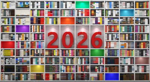 New Year 2026 Creative Design Concept with Book Shelf - 3D Rendered Image	
