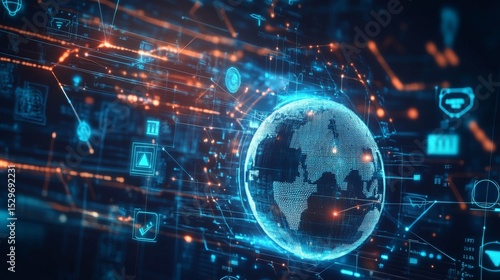 Glowing cybersecurity icons and padlock symbols on a digital globe representing global data protection, network security, and advanced technology infrastructure in a futuristic virtual environment



