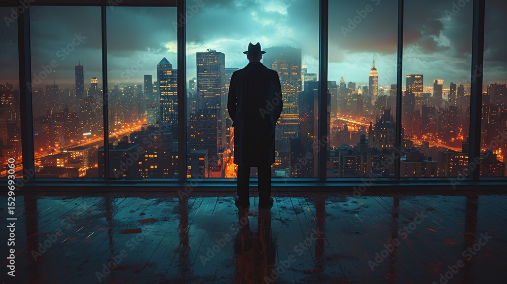 Fototapeta premium A dramatic silhouette of a detective in a trench coat overlooking a vibrant city skyline at night, symbolizing intrigue and mystery with striking low light effects.