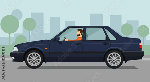 A dark blue sedan is driven by a bearded man on a city street with trees and buildings in the background on a sunny day