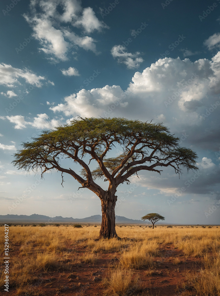 Vast Savanna Landscape with Lone Acacia Tree at Sunset Vast Savanna Landscape with Lone Acacia Tree at Sunset