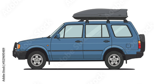 Blue suv with a roof box isolated on white background is ready for an off road adventure or a family vacation trip