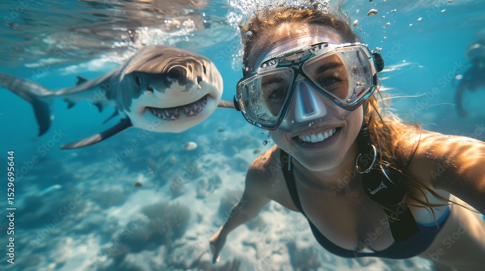 Naklejka premium A captivating underwater selfie captures a smiling diver alongside a curious shark, showcasing the thrill of ocean exploration and a deep connection with marine life.