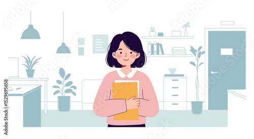 Woman holding folder in modern office environment vector illustration