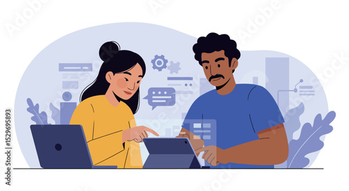 Collaborative teamwork between colleagues engaging in digital project discussion vector illustration