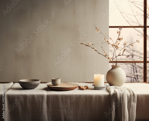 Wallpaper Mural A serene minimalist table setting featuring simple pottery and delicate flowers, showcasing elegance, simplicity, and tranquility in an artistic composition. Torontodigital.ca