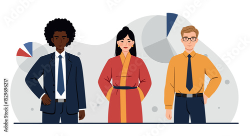 Diverse business team featuring professionals in formal and cultural attire vector illustration