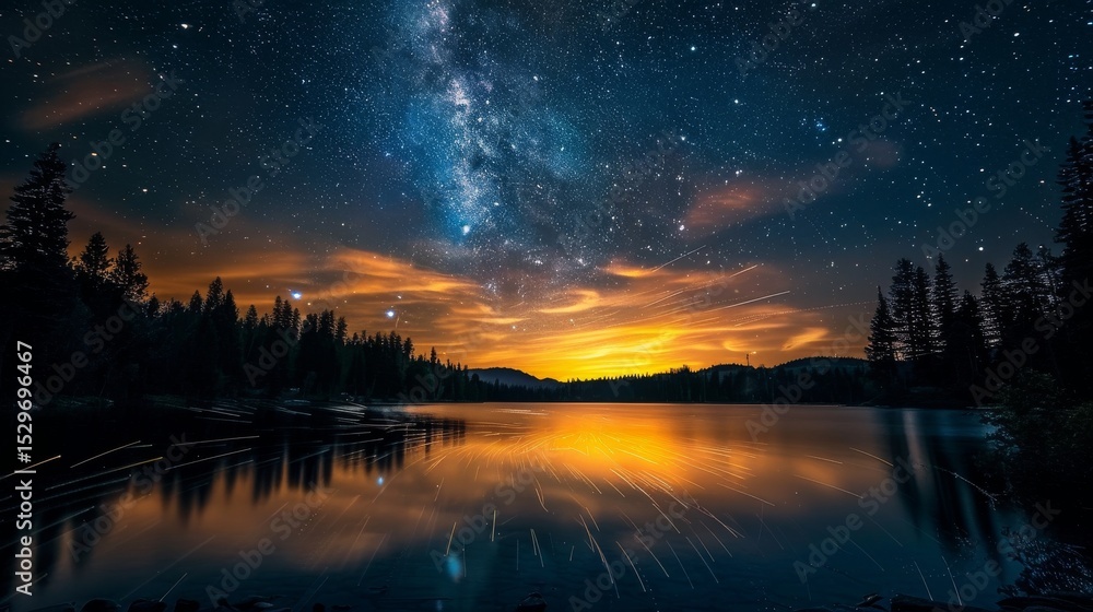 Obraz premium A stunning night sky filled with stars reflects beautifully on a tranquil lake, showcasing the beauty of nature and the mesmerizing view of the universe's splendor.