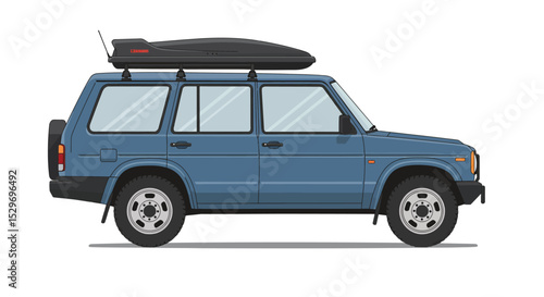 Blue suv with a roof box isolated on white background is ready for an off road adventure or a family vacation trip