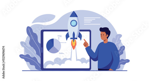 Business startup concept with rocket launch and digital technology elements for innovation and growth vector illustration
