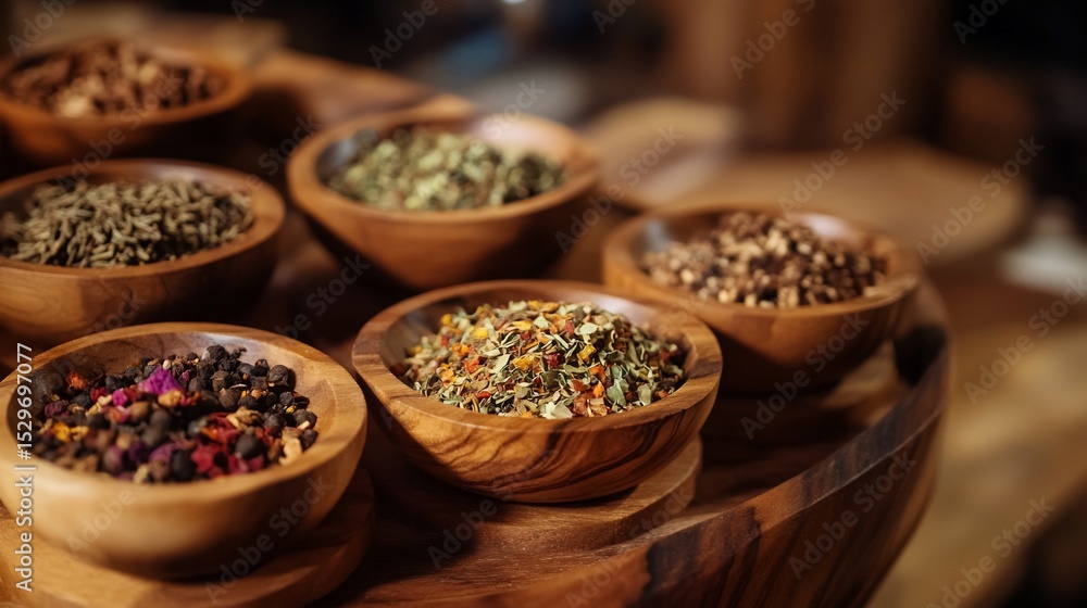 Assortment of aromatic dried herbs and spices in wooden bowls on a tray Assortment of aromatic dried herbs and spices in wooden bowls on a tray