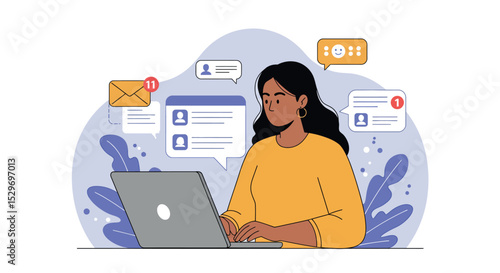 Woman engaging in online communication and social media management vector illustration
