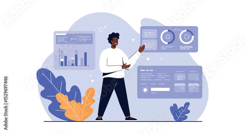 Business data analysis with interactive charts and graphs for presentation and study vector illustration