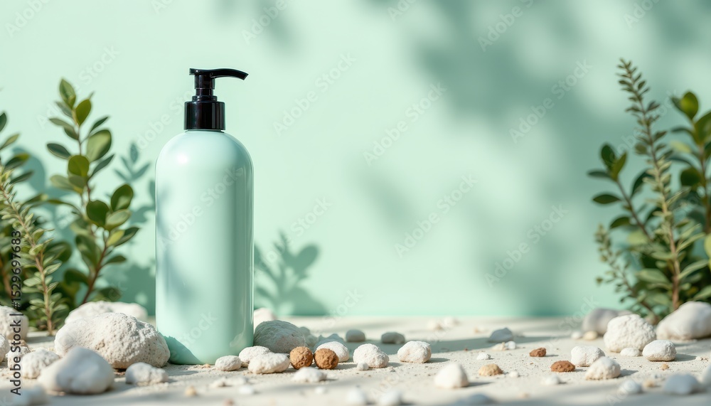 Fototapeta premium minimalist liquid soap dispenser bottle in a nature inspired scene with ocean breeze and pebbled ground, pastel seafoam green color palette, soft shadows, modern branding layout, water splash details