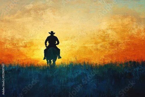 Cowboy Riding Into Sunset. Old West Silhouette Landscape Painting with Copyspace
