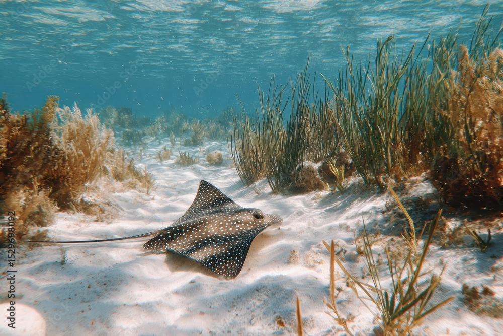 Fototapeta premium Graceful Stingray Gliding Over Seafloor Surrounded by Aquatic Vegetation in Clear Tropical Waters, Capturing Nature's Underwater Serenity and Beauty