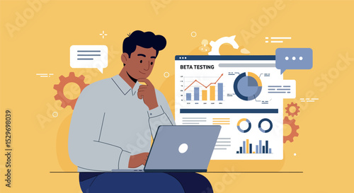 Business professional analyzing data for beta testing strategy development vector illustration