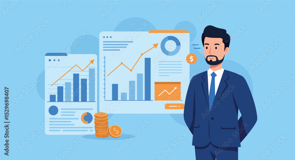 Business growth analysis with graphs and professional in suit vector illustration Business growth analysis with graphs and professional in suit vector illustration