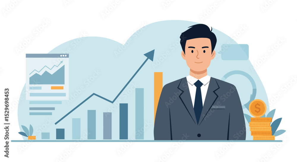 Business growth and success concept with businessman and graphs for financial strategy vector illustration Business growth and success concept with businessman and graphs for financial strategy vector illustration