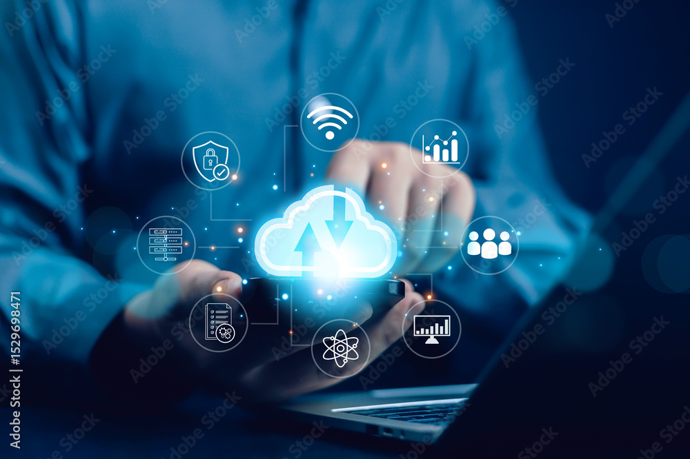Naklejka premium Cloud computing diagram showing cloud technology infographic icons and hand touch cloud in cloud storage with hand holding cloud technology. Concept of network and internet service.