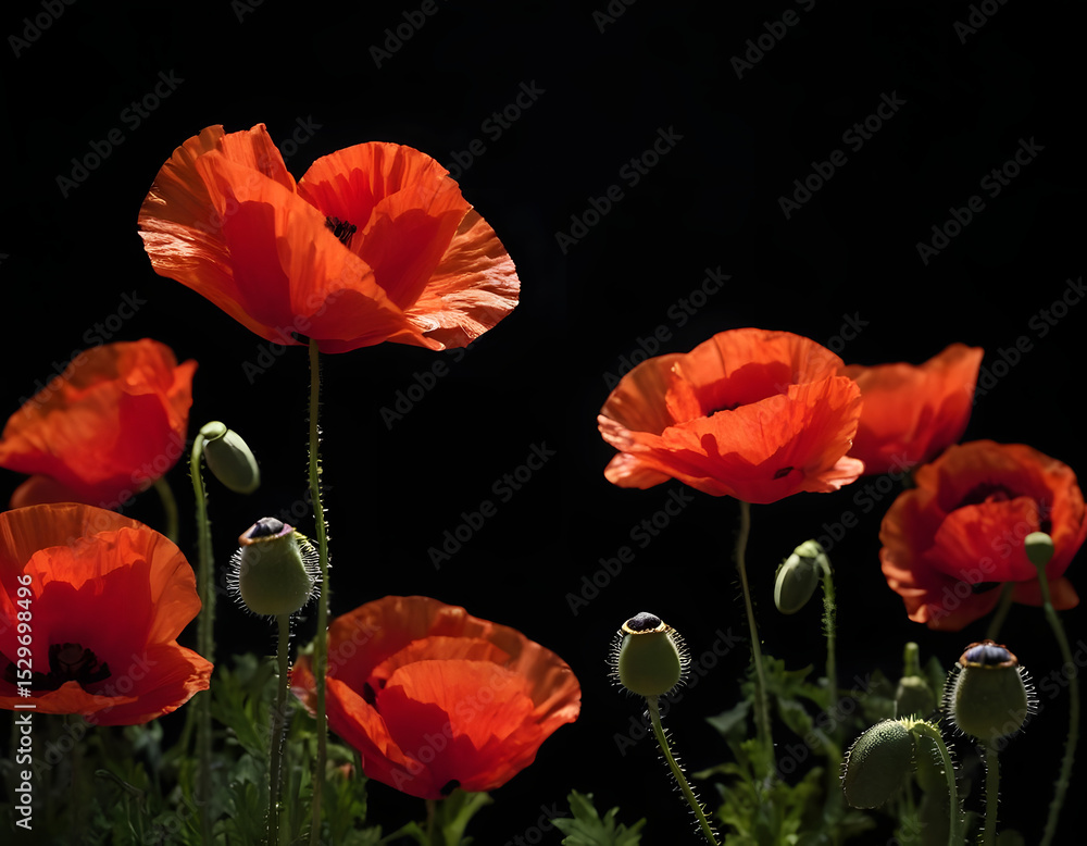 Naklejka premium Red poppies on black background with copy text space