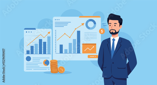Business growth analysis with graphs and professional in suit vector illustration