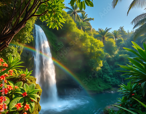 A serene tropical waterfall, enhanced by a vibrant rainbow amidst lush greenery, flowers, and towering plants. The tranquil scene radiates natural beauty, relaxation, and pristine tropical allure.