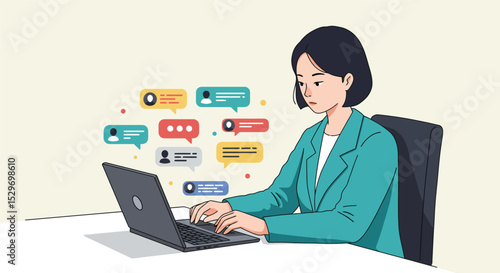 Focused woman typing on laptop with colorful chat bubbles for communication and remote work concepts vector illustration